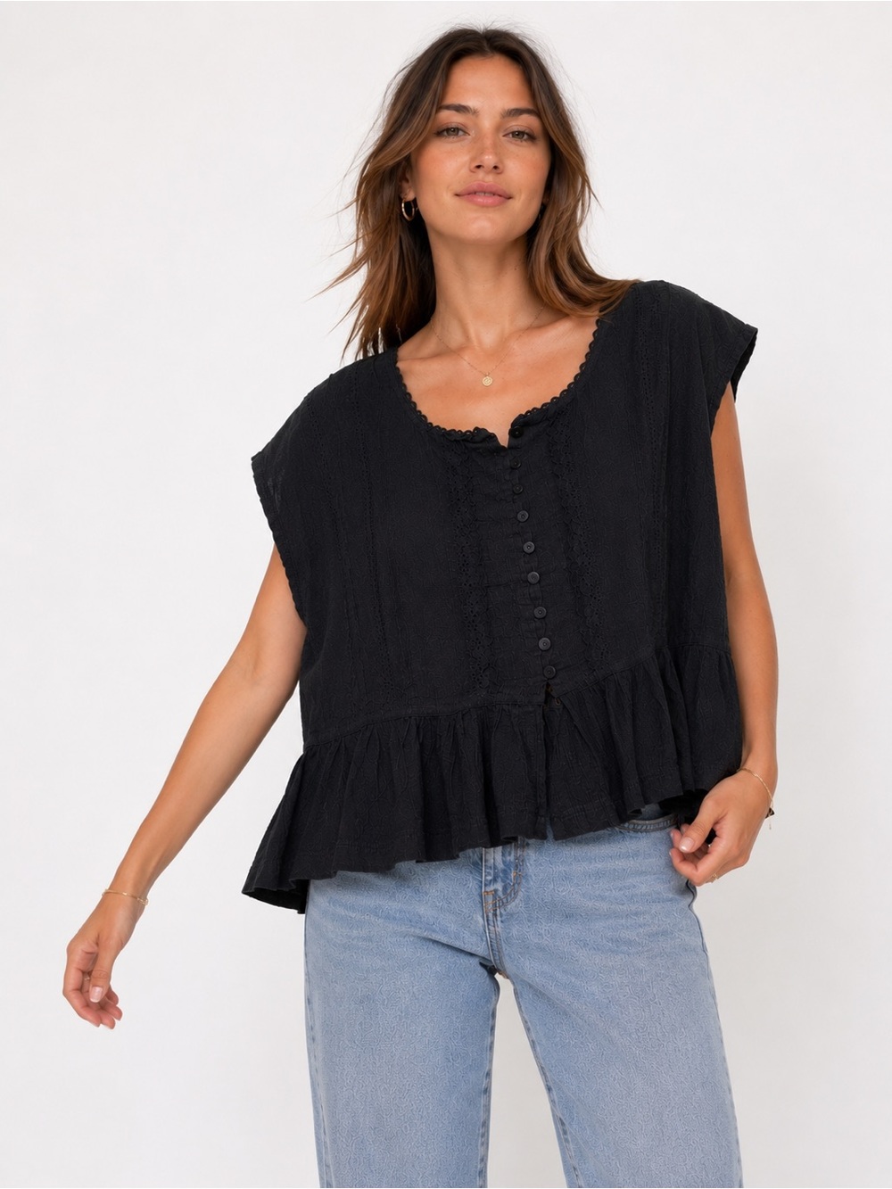 Black Cotton Gauze Peplum Button Front Blouse Medium